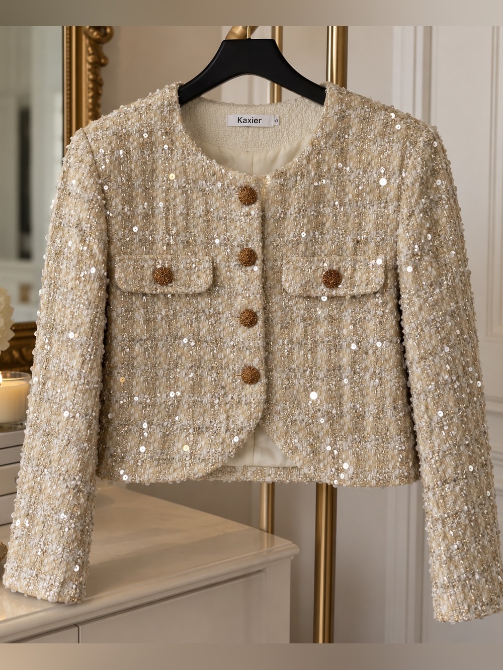 Kaxier Sequin Tweed Cropped jacket | Size S | Cream Gold